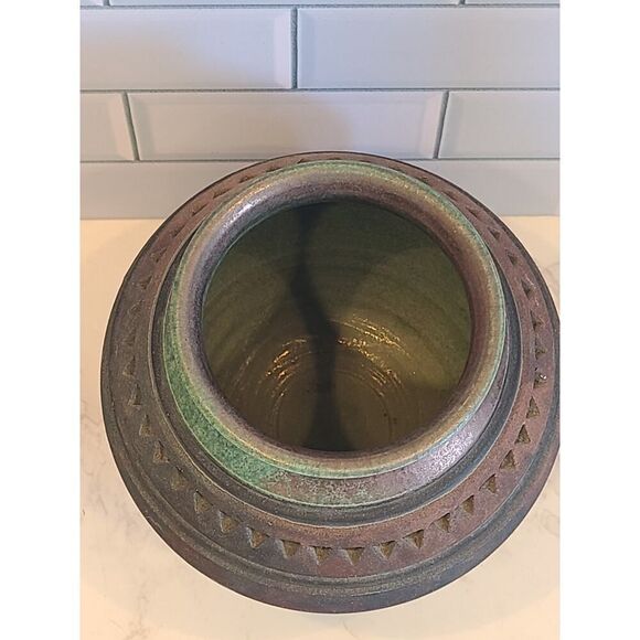 John Melkonian Raku Studio Pottery Vase Incised Triangle Design Signed 2010 EUC - Picture 8 of 16